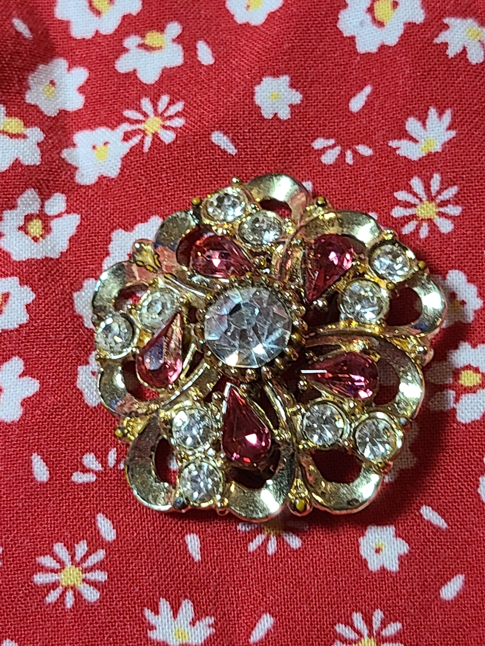 Antique Gold Floral Brooch with Pink and Clear Stones